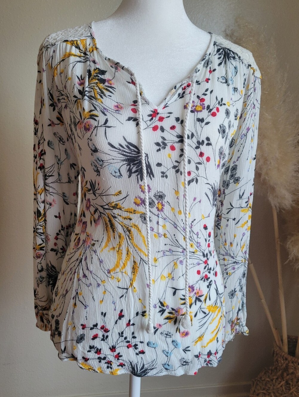 Flowy Boho Floral Top Large Lace Shoulder Blouse Gauze Long Sleeve Summer Whimsy